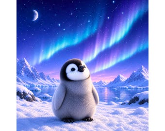 Penguin Aurora PNG, cute baby penguin northern lights scene, arctic night sky png, winter animal clipart, dreamy penguin design