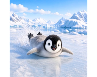 Penguin Sliding PNG, cute baby penguin sliding on ice, arctic animal png, winter wildlife clipart, fun penguin design