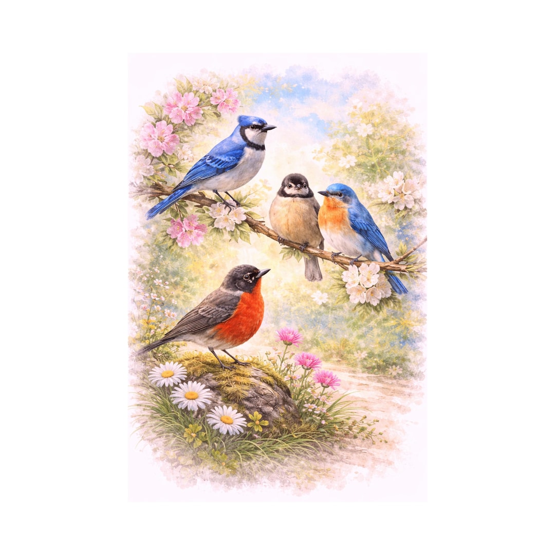 Spring Bird Png Watercolor Spring Birds PNG Bundle (5 Designs) | Blue Jay Cardinal ...
