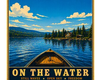 May include: A scenic landscape print featuring a wooden boat on a lake, with a cabin and trees on the shore under a blue sky with clouds. The text "ON THE WATER" is displayed at the bottom, with the words "STILL WAVES * OPEN SKY * FREEDOM" below.