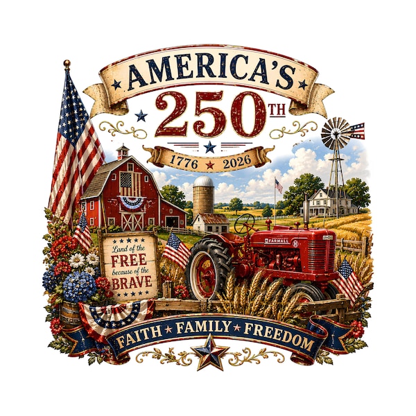 America 250 Celebration PNG, patriotic farm tractor design, 1776 2026 anniversary artwork, rural Americana PNG