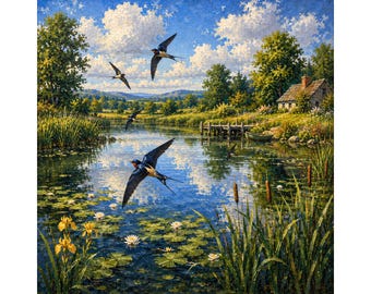 Rondine comune dipinta a olio PNG, rondine png, opera d'arte sulla fauna selvatica dello stagno, uccello in volo download digitale, scena naturale png, pittura a olio, uccello