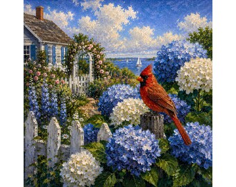 Cardinale dipinto ad olio PNG, uccello rosso png, opera d'arte da giardino di ortensie costiere, uccello da giardino cottage download, PNG istantaneo, cardinale png, pittura