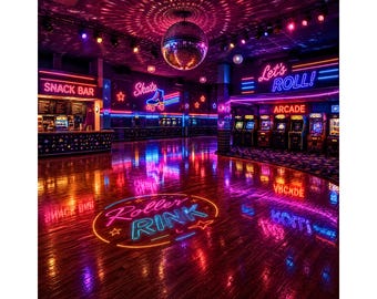 Retro Roller Rink wall art, vintage skating rink decor, neon arcade artwork, 80s nostalgia print, retro game room poster