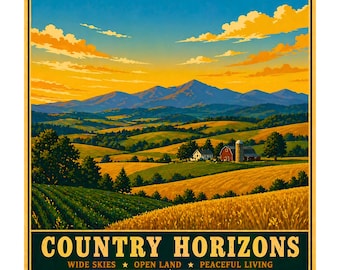 May include: A landscape print titled "Country Horizons" depicts a rural scene with rolling hills, fields of crops, and a farmhouse. The sky transitions from blue to orange with fluffy clouds. The text at the bottom reads "Wide Skies, Open Land, Peaceful Living."