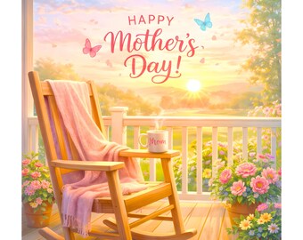 May include: A digital illustration of a wooden rocking chair on a porch, with a pink blanket draped over it. A mug with the word "Mom" sits on the armrest. The words "Happy Mother's Day!" are written above the chair, with butterflies and a sunset in the background.