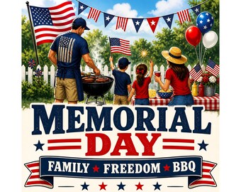 May include: Illustration of a Memorial Day family BBQ. A man grills, while children wave flags and sparklers. The scene includes American flags, balloons, and a banner that reads "Memorial Day Family Freedom BBQ."