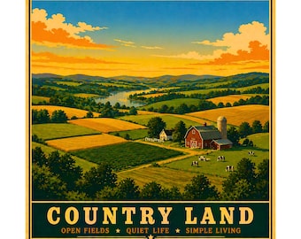 May include: A vintage-style print featuring a rural landscape with a red barn, silo, and grazing cows. The scene includes fields, trees, a river, and a sunset sky. The text "COUNTRY LAND" is at the bottom, with the phrases "OPEN FIELDS", "QUIET LIFE", and "SIMPLE LIVING".