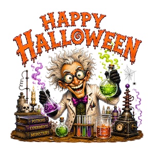 Może przedstawiać: Graficzna ilustracja szalonego naukowca w kitlu i fioletowej muszce, trzymającego świecące zlewki. Powyżej widnieje napis HAPPY HALLOWEEN. Poniżej znajdują się książki, probówki oraz zegar w stylu laboratoryjnym na drewnianym stole.