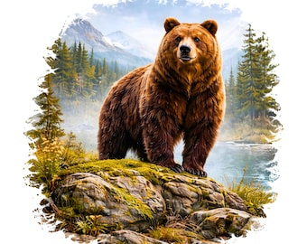 Orso grizzly in montagna png, fauna selvatica natura png, scena forestale fiume png, design realistico orso, animale selvaggio png, sfondo bianco
