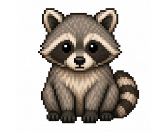 May include: Pixelated illustration of a raccoon sitting upright. The raccoon has gray and brown fur, a black mask around its eyes, and a striped tail. The image is on a white background.