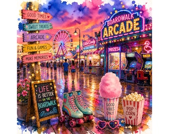 Paseo marítimo de verano png, imágenes prediseñadas de arcade en acuarela, decoración de carnaval de verano, arte de arcade de playa, paseo marítimo de neón