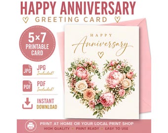 Tarjeta de feliz aniversario PNG, tarjeta de aniversario imprimible de 5x7, tarjeta de felicitación con corazón floral, descarga digital de aniversario, JPG PDF, aniversario