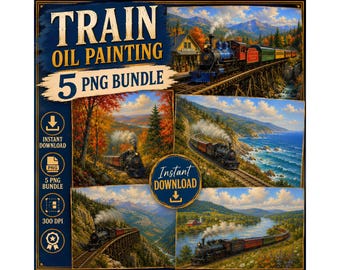 Pacchetto di immagini PNG di treni dipinti ad olio, set di locomotive a vapore in formato PNG, opere d'arte ferroviarie vintage, collezione di paesaggi ferroviari, 5 download PNG, autunno