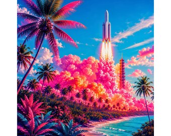 Miami Vice Rocket Launch PNG, illustrazione di uno space shuttle tropicale, scena synthwave retrò della Florida, download neon vaporwave, retro png, miami png