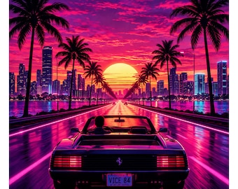 Retro Miami sunset scene No.1 png, neon city car aesthetic, palm tree vaporwave art, synthwave road trip png, 80s vibe digital download