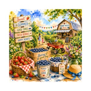May include: Watercolor illustration of a berry farm scene. A wooden sign reads "Sweet Summer Good Times Fresh Berries Happy Hearts." Baskets and a bucket are filled with strawberries and blueberries. A red wagon and a farm stand are also visible.