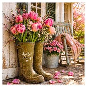 Spring Scene No.1 PNG, Hello Spring Rain Boots PNG, Rustic Floral Porch Art, Tulip Farmhouse Digital Download