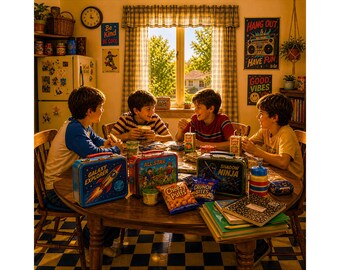 Imagen PNG de la hora del almuerzo retro, escena nostálgica de un comedor infantil de los años 80, descarga de ilustraciones vintage de una mesa de meriendas de la infancia.