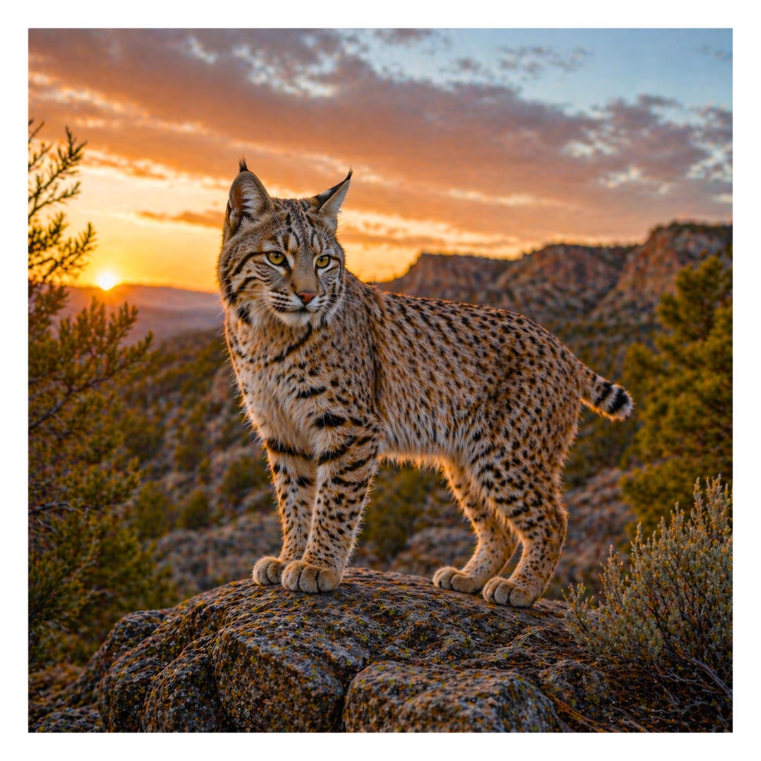 Rustic Bobcat Bobcat Scene No.1 PNG, Mountain Sunset Wildlife PNG, Rustic Bobcat Art ...