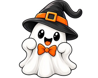 Schattige Halloween-spook PNG, spook met heksenhoed, griezelige schattige clipart, kawaii Halloween, oranje-zwarte spook, digitale download