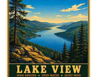 May include: A vintage-style poster featuring a scenic lake view. The artwork depicts a serene landscape with a blue lake surrounded by green trees and mountains under a bright blue sky. The text "LAKE VIEW" is displayed at the bottom.