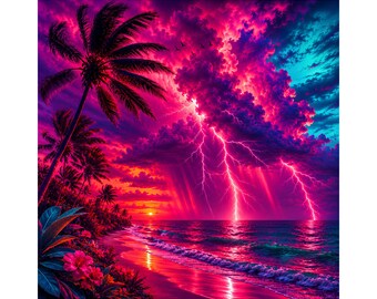 Tempesta di fulmini tropicali al neon PNG, illustrazione del tramonto di Miami Vice, tempesta sulla spiaggia retrò png, download di fulmini oceanici synthwave, retro png, miami