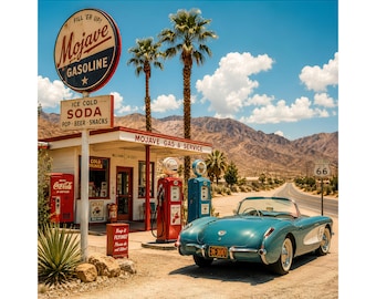 Scena retrò della Route 66, stazione di servizio vintage PNG, illustrazione di un'auto decappottabile classica, download digitale di un'auto americana su una strada nel deserto