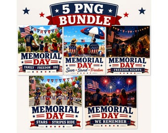May include: A digital bundle of five Memorial Day themed PNG images. Each image features scenes of family gatherings, beach outings, and fireworks displays, with text overlays that read "Memorial Day". The images are in red, white, and blue.