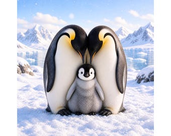 Penguin Family PNG, baby penguin with parents, cute arctic animal png, winter wildlife clipart, penguin love design, instant download