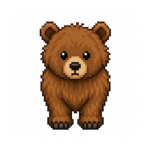 May include: A pixelated illustration of a brown bear cub with a fluffy appearance. The bear has dark eyes, a small nose, and a light brown snout. The bear is standing upright against a white background.