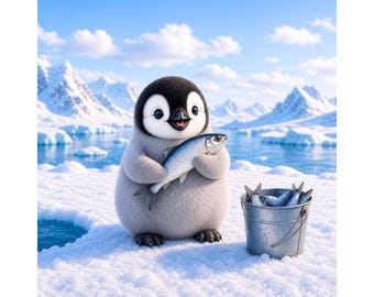 Penguin Fishing PNG, cute baby penguin holding fish, arctic animal png, winter wildlife clipart, funny penguin design