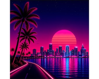 Miami Vice Retro city png, neon synthwave skyline art, vaporwave coastal sunset scene, 80s digital download