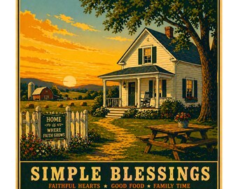 May include: A vintage-style print featuring a white farmhouse with green shutters, a porch, and a rocking chair. The scene includes a sunset, a red barn, and a picnic table. Text reads "HOME is where faith grows" and "SIMPLE BLESSINGS".