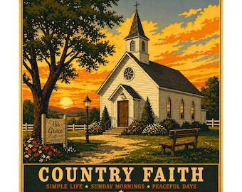 May include: A vintage-style print featuring a white church with a steeple, set against a sunset sky. A sign reads "His Grace is sufficient." The words "COUNTRY FAITH" are at the bottom, with "SIMPLE LIFE * SUNDAY MORNINGS * PEACEFUL DAYS" below.