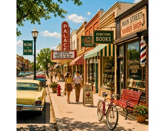 Scena retrò di una strada principale, piccola città americana vintage PNG, classica opera d'arte americana del centro, download digitale nostalgico