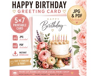 Happy Birthday Card PNG, Printable Birthday Card, Floral Cake Card, 5x7 Greeting Card Digital Download, JPG PDF Included, Birthday Card