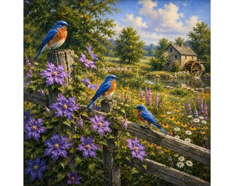 Dipinto ad olio di merlo azzurro PNG, opera d'arte di merlo azzurro orientale, scena di uccelli in una casa di campagna, paesaggio di fiori selvatici da scaricare, PNG istantaneo, merlo azzurro png