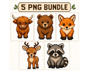May include: A digital art image featuring five pixelated woodland animals: a Highland cow, a bear, a fox, a deer, and a raccoon. The text "5 PNG BUNDLE" is displayed above the animals. The animals are in a cartoon style.