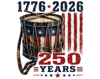 愛国的なドラムPNG、アメリカ建国250周年デザイン、1776年から2026年までの500周年記念グラフィック、独立戦争ドラムアートワーク