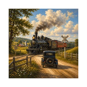 Könnte beinhalten: Eine schwarze Dampflokomotive mit der Nummer 73 an der Front, die Personenwagen auf Schienen zieht. Ein altes schwarzes Auto steht auf einem Feldweg an einem Bahnübergang mit Stoppschild und einem Schild mit der Aufschrift LOOK LISTEN LIVE.