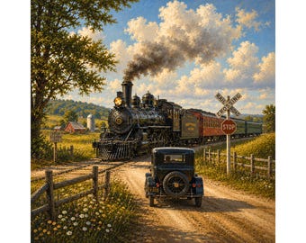 Steam Train PNG, railroad crossing png, locomotive oil painting png, vintage railway scene, country train digital download, Train png