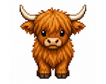 May include: Pixelated illustration of a Highland cow. The cow is brown with long, shaggy fur, small black eyes, and curved horns. The image is a digital design, likely for stickers, prints, or other merchandise.
