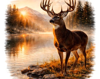 Deer Lake PNG | Buck Scène animalière | Conception de la nature de la montagne | Clipart forêt rustique | Sublimation PNG | Fond blanc Télécharger