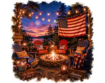 patriotic campfire png, american flag lake night scene, july 4th firepit artwork, rustic freedom summer download