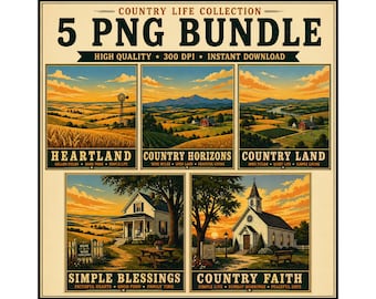 May include: A digital art bundle featuring five landscape scenes with a country life theme. Each scene depicts a different rural setting, including fields, a farmhouse, and a church. The text reads "5 PNG BUNDLE" and "COUNTRY LIFE COLLECTION".