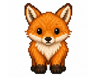 May include: A pixelated illustration of a fox. The fox is depicted in shades of orange, brown, and white, with large black eyes and a fluffy chest. The fox is sitting upright, facing forward, and has pointed ears.