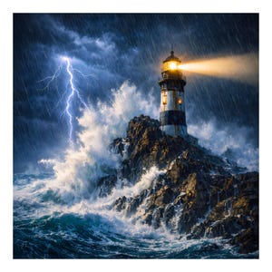 May include: A dramatic image of a lighthouse on a rocky island during a storm. The lighthouse, with black and white stripes, shines a bright beam of light. Waves crash against the rocks, and a lightning bolt strikes in the stormy sky.