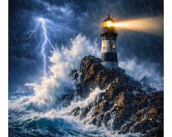 Scena del faro durante la tempesta n. 1 png, onde oceaniche drammatiche e fulmini, scena di tempesta costiera, arte murale nautica, download digitale ad alta definizione