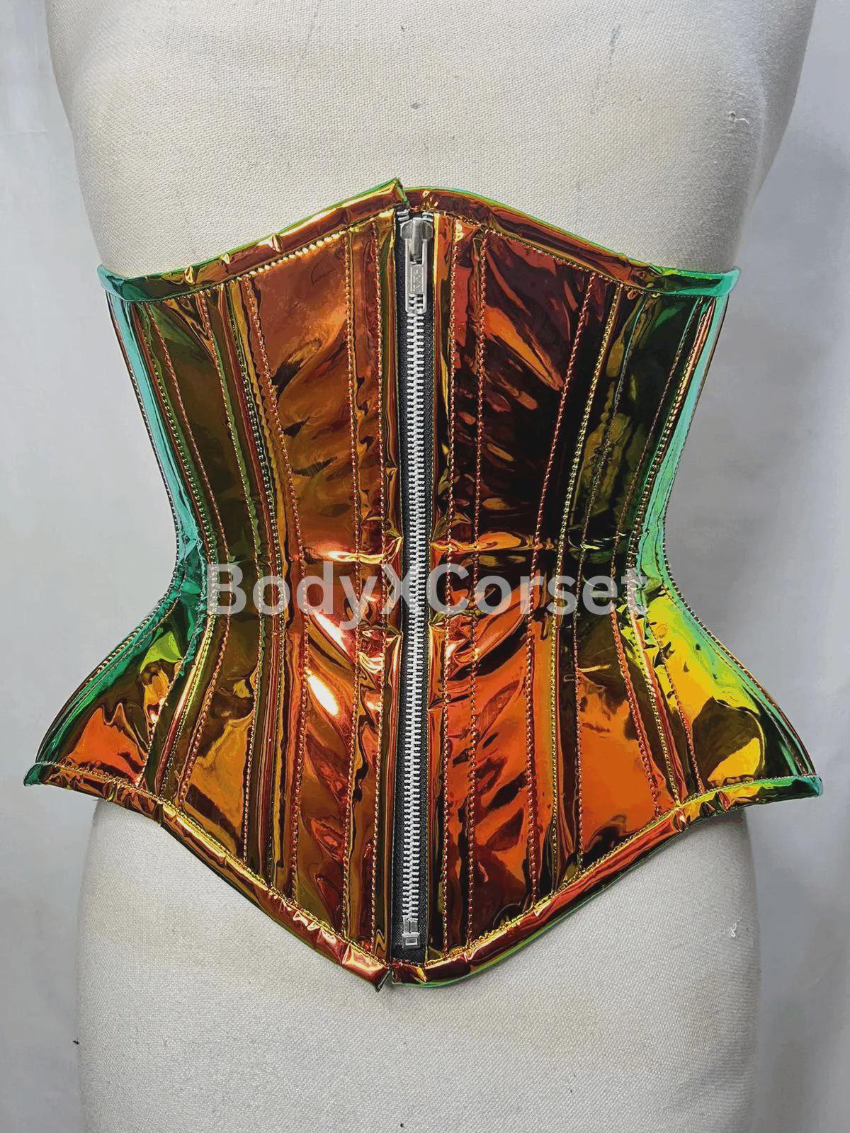 Holographic Copper PVC Corset: Longline Underbust Waist Cincher Shiny ...